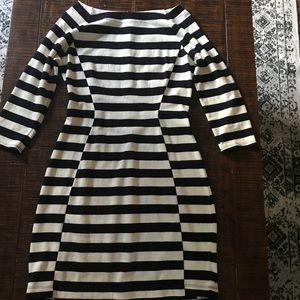 A dress with navy blue and white stripes.